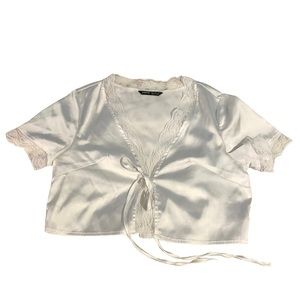 White Lace Trim Tie Satin Top
